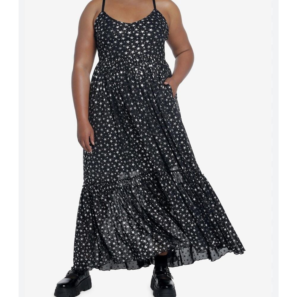 Cosmic Aura Star Silver Foil Mesh Tiered Maxi Dress Womens Plus 4X Whimsigoth 4 - Picture 2 of 11
